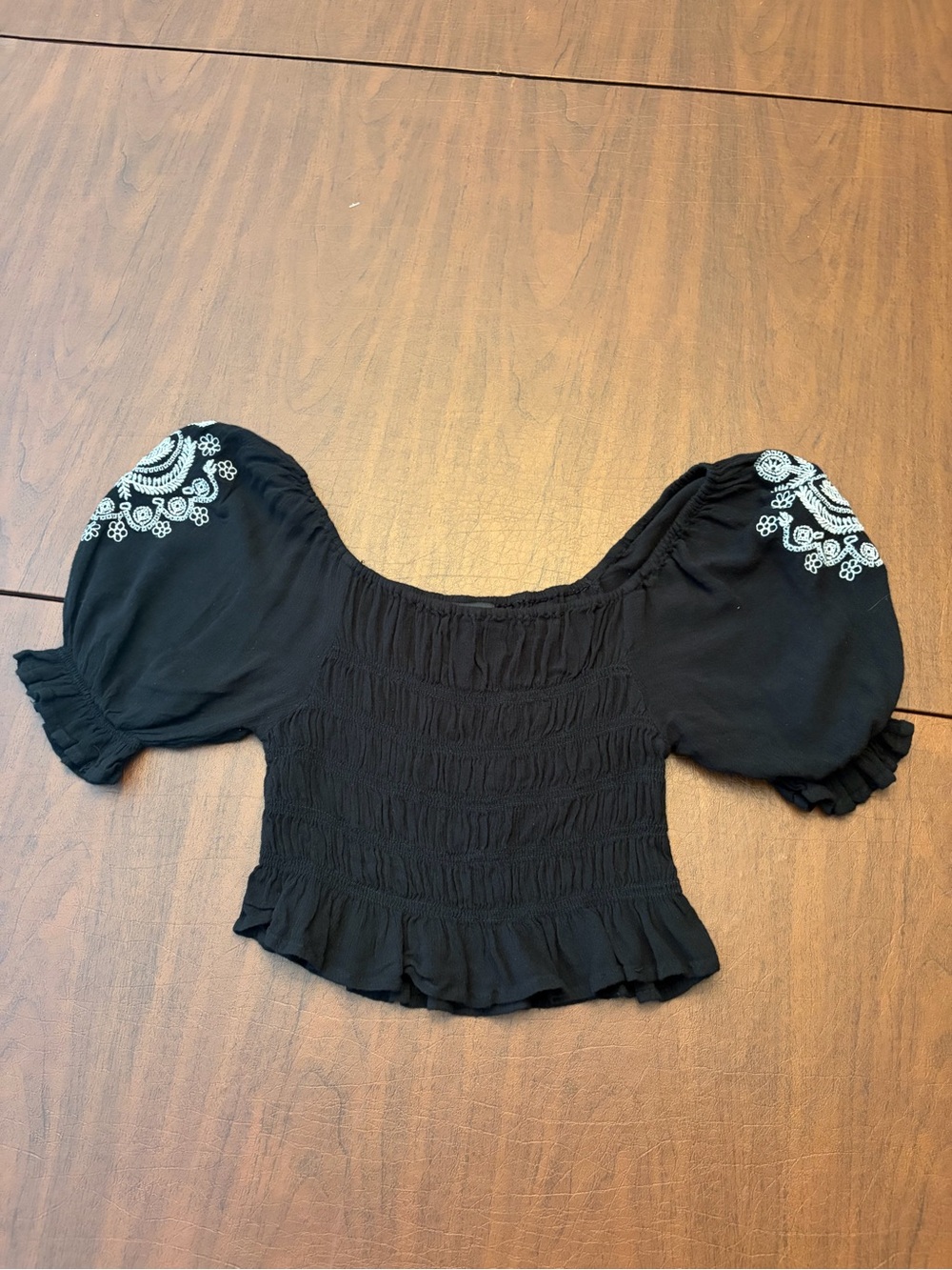 Black Puff Sleeve Smocked Crop Top with White Embroidered Shoulders